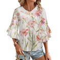 thumbnail image 1 of Pink Wildflowers Women's V-Neck Blouse With 3/4 Ruffled Bell Sleeves Casual Top Ladies Blouses, 1 of 7