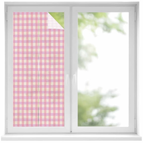Pink Window Privacy Film, Grid Checkered Plaid Gingham Lattice Trellis Static Cling UV Sun Blocking Heat Control Window Tint Day and Night, Non-Adhesive One Way Windows Privacy Cover 19.6''x39.3''