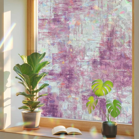 Pink Window Privacy Film, Modern Abstract Gradient Pink Geometric Texture Stained Glass Rainbow Film Decorative Window Clings, Static Cling Sun Blocking Stickers 17.7" x 39.3"