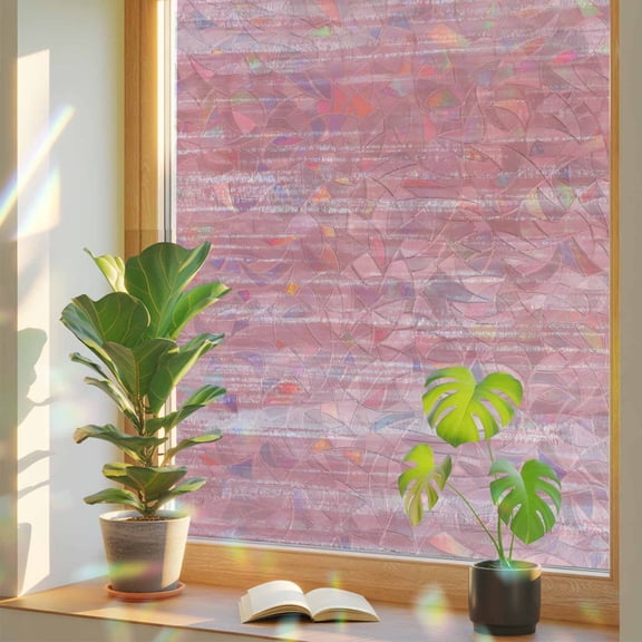 Pink Window Privacy Film, Modern Abstract Gradient Pink Lines Texture Stained Glass Rainbow Film Decorative Window Clings, Static Cling Sun Blocking Stickers 23.6" x 59"
