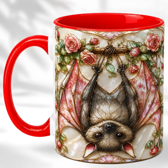 Pink Wing Bat Coffee Mug, Rose Floral Mug, Ceramic 11 oz