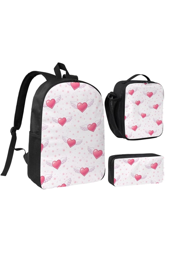 Pink Winged Heart Backpack Set 3pc ,Backpack with Lunch Bag and Bag 17 Inch