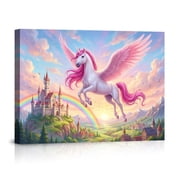 Pink Winged Unicorn Flying Over Castle And Rainbow Enchanting Fantasy Kingdom Magical Creature For Room Canvas