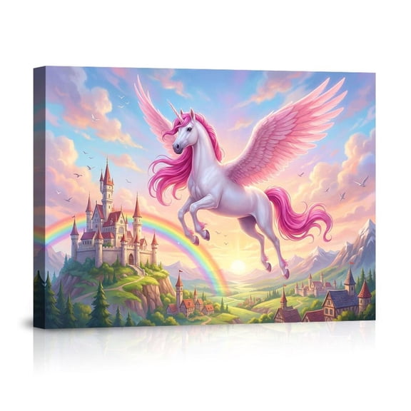 Pink Winged Unicorn Flying Over Castle And Rainbow Enchanting Fantasy Kingdom Magical Creature For Room Canvas