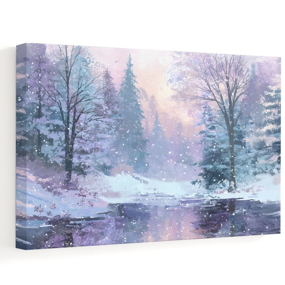 Pink Winter Forest Canvas Wall Art 12"x8" Dreamy Purple Wonderland Snowflake Landscape Background Frame Picture Prints, Ready to Hang Waterproof Artwork Decor for Bathroom, Kitchen Bedroom Entryway