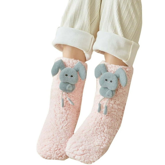 Pink Winter Socks Women Lamb Fleece Floor Non Slip Cartoon Design Length 1496 Inches Wide 512 Inches Free Size Pink Nylon Spandex