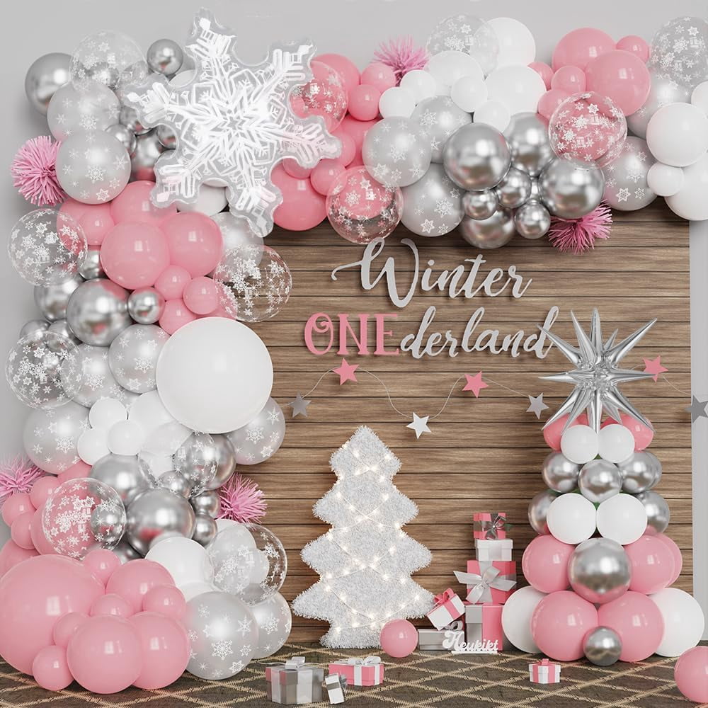 Pink Winter Wonderland Balloon Garland Arch Kit Pink White Metallic ...