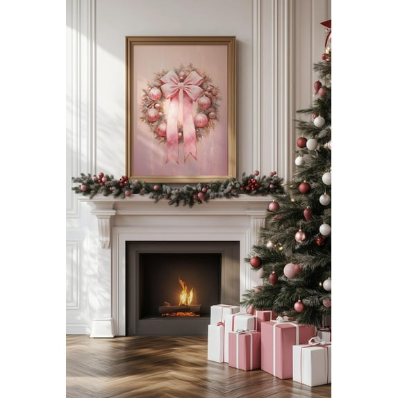 Pink Winter Wreath Print, Pastel Winter Decor Home Decor #2391, Unframed Poster Size 8x12