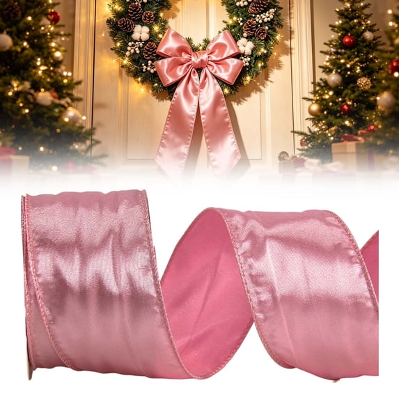 Pink Wired Ribbon, Crimped Edge Ribbon for Christmas Wreath Garland, Used for Gift Packaging and Christmas Tree Decoration
