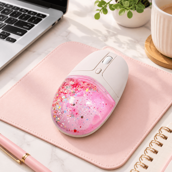 Pink Wireless Mouse with Glitter Liquid Sand, LED Lights, Silent Clicks for Home Office