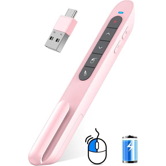 Pink Wireless Presentation Remote with Air Mouse, Rechargeable USB C Slide Clicker Compatible with PowerPoint for Mac and Windows Laptops (2.4GHz)