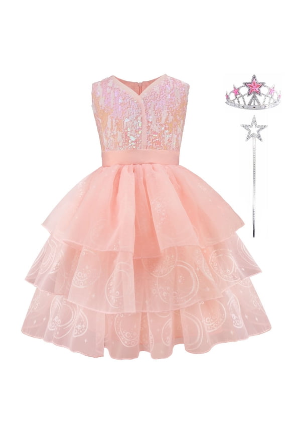 Pink Witch Costume for Girls with Crown Wand,Halloween Costume for Kids Good Witch Dress Up