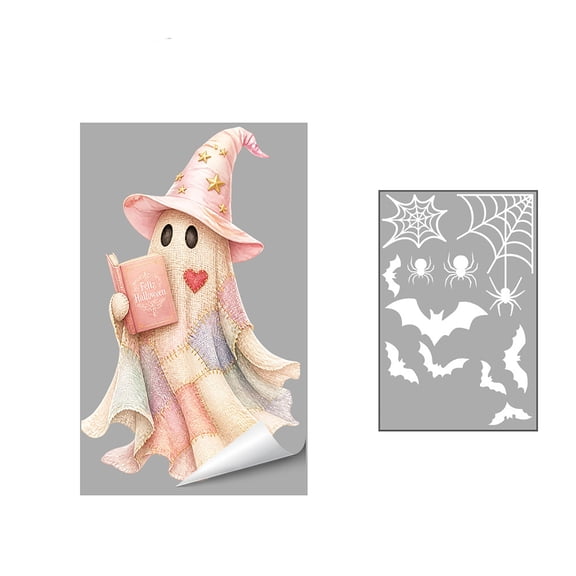 Pink Witch Ghost Window Clings, 2 Sheets Cute Halloween Wizard Decals Reusable Static Cling Stickers for Home Decor