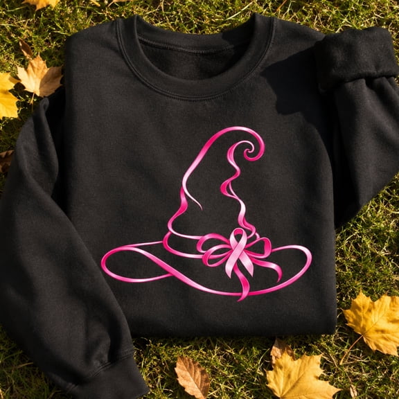 Pink Witch Hat Breast Cancer Awareness Halloween Graphic Crewneck Sweatshirt for Women