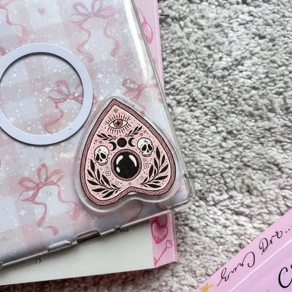 Pink Witchy Planchette Phone Socket, Creepy Cute Aesthetic Skulls and Vines Grip, Gothic Moon and Stars Phone Holder, Mystical Divination Tool Accessory