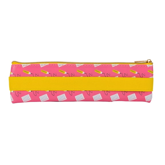 Pink Pen Pouch with School Icons and Elastic Band - Multi-Functional Pencil Case
