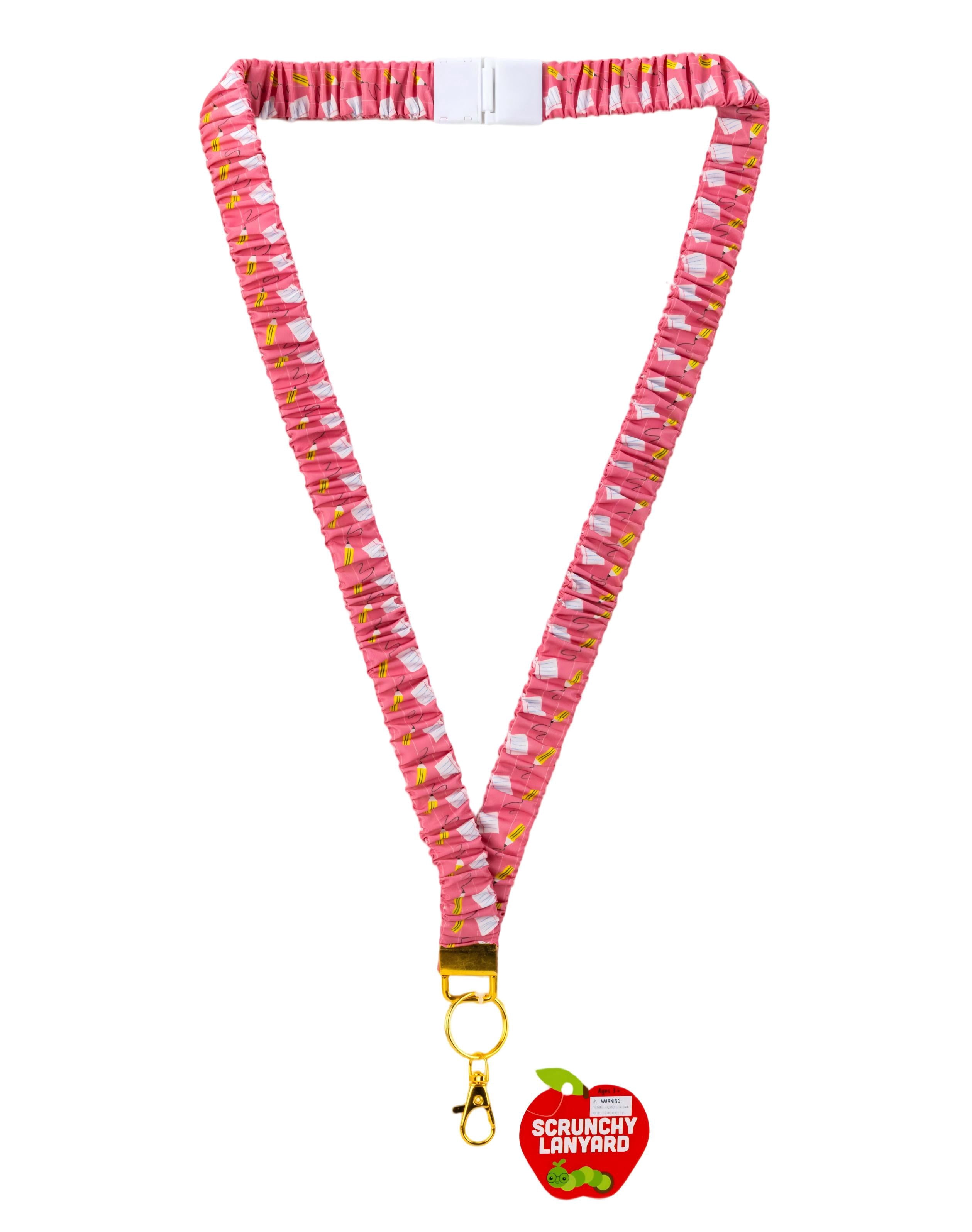 Pencil Pattern Scrunchie Lanyard For Teachers – Stretchy Retractable Neck Lanyard With Metal Clip For Keys & ID (Pink)