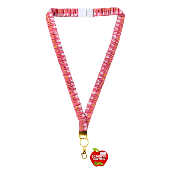 Pink with Icons Scrunchy Lanyard, Pencil & Book Print, Elastic ID Badge Holder, 19.6 x 0.86 x 0.2 in