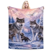 Pink Wolf Blankets and Throws - Fleece Wolves Blanket Snow Decorative Animal for Adults and Family Love Design Pretty 50x40