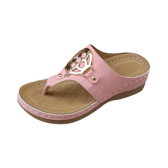 Pink Women Casual Summer Beach Leisure Round Toe Flip Flops With Wedge Heels