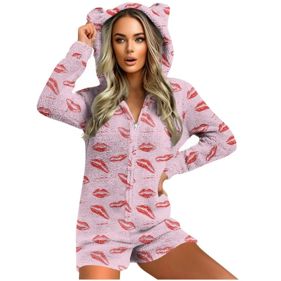 Pink Women Coveralls Shortalls Shapewear Bodysuits Shorts Hoods Outfits Pajamas Pjs Romper for Women Thermal Fuzzy with Hood Winter Fall Coveralls Shortalls 2025 L