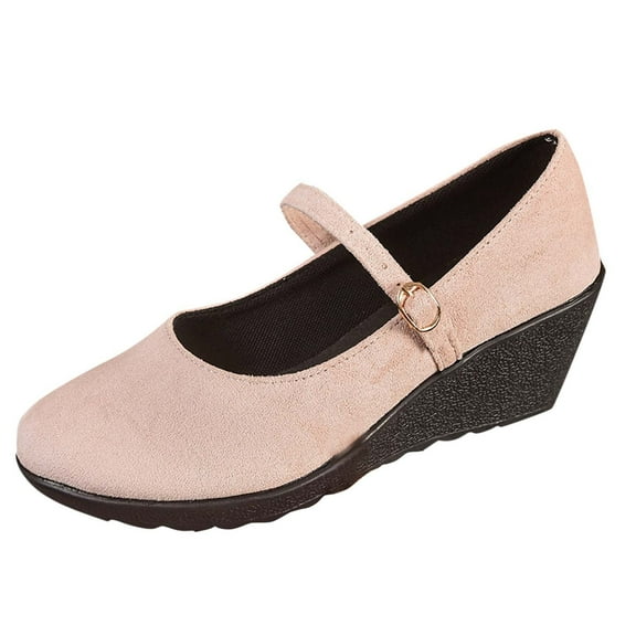 Pink Women Flock Upper Shoes Wedge Heel Thick Bottom Shallow Mouth Suede Soft Sole Round Toe Outdoor Beach