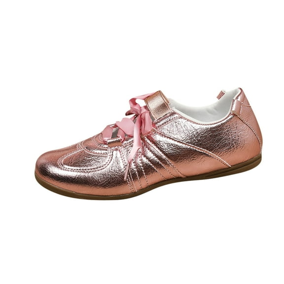 Pink Women Lace-Up Shoes Round Toe Flat Sole Comfortable Matching Pu Upper Casual Low Heel