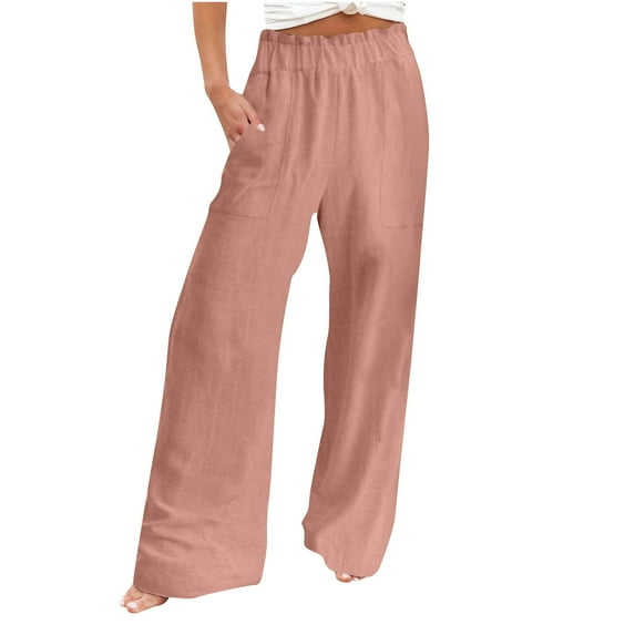 Pink Women Loose Fit Faux Gauze Linen Pants for Women Lounge High Leg Flare Bell Bottom Straight Leg Plain Long Bootcut Leg Fall Summer 2025 Clothing Trendy Y2K 3XL