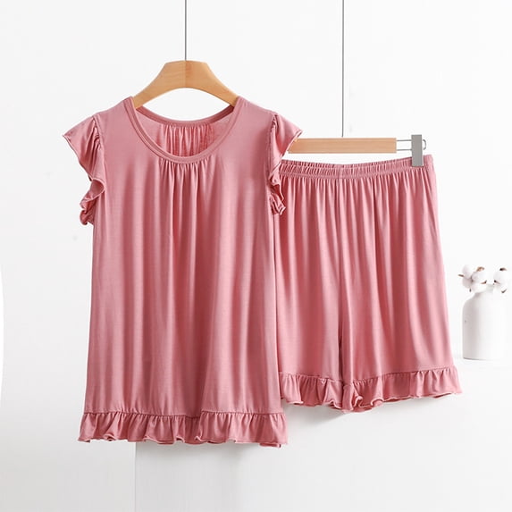 Pink Women Pajama Sets Ladies' Spring and Summer Solid Color Casual Drawstring Shorts Short Sleeve Pajamas Women's Shorts Home Set