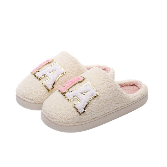 Pink Women Plush Sandals With Glitzy Design And Embroidery Comfortable House Slippers For Relaxation