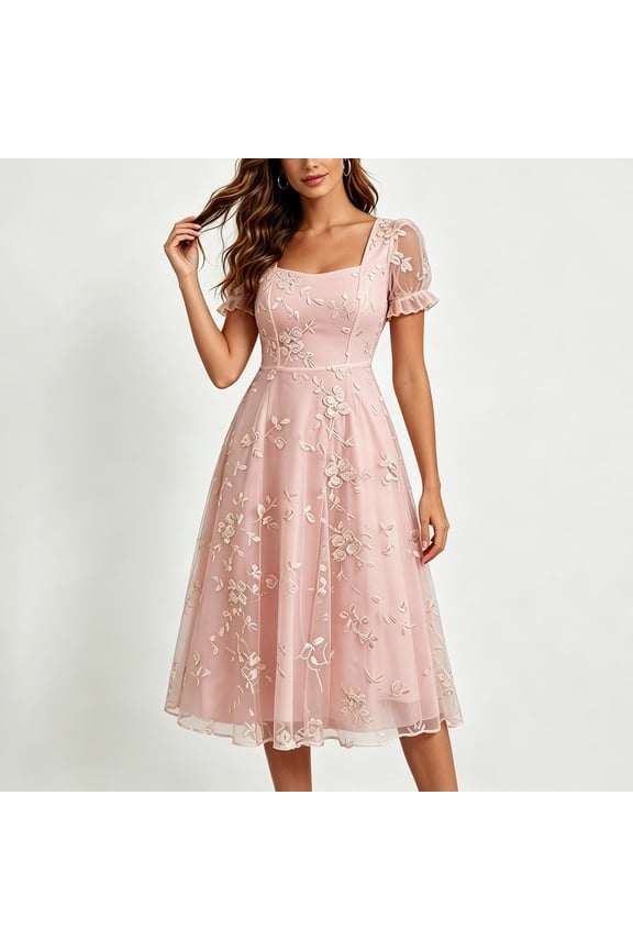 Pink Women Puff Sleeve Embroidered Floral Dresses Homecoming Dresses for Teen Girls Square Neck Formal Prom Party Gowns Evening Dressy Tulle A Line Summer Fall 2026 L