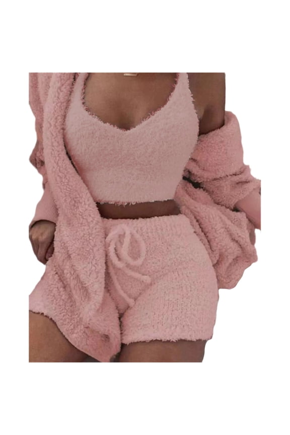 Pink Women'S 3 Piece Fluffy Soft Casual Lounge Wear Set Cozy Fleece Pajamas Home Outfit Pink Color 4X-Large Size Comfortable Loungewear For Daily Home Use