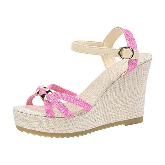 Pink Women'S Casual Spring And Summer Sandals With Solid Color Round Toe Open Toe Strap One-Line Buckle Thick Bottom Waterproof Wedge Design Comfortable Cloth Material