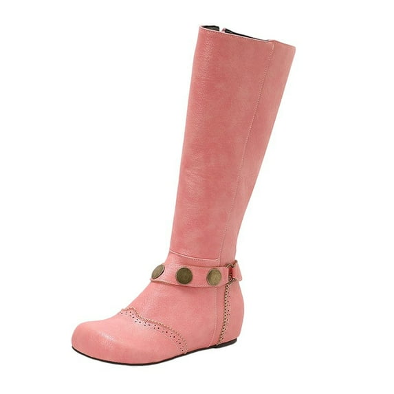 Pink Women'S Round Toe Flat Boots With Lace-Up And Belt Buckle Style For Winter Casual Wear Pu Leather Comfortable And Versatile