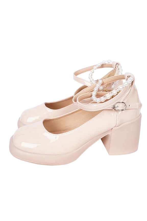 Pink Women‘S Shoes High Heels Platform Pumps With Buckle Strap Pearl Accent Waterproof Casual Outdoor Fashion Footwear For Daily Wear Pu Upper Size 37 Foot Length 9.25 Inches