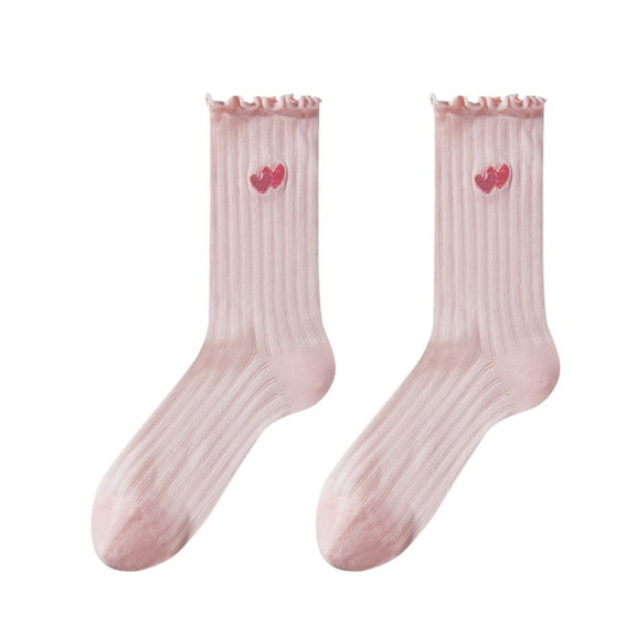 Pink Women'S Solid Color Lace Heart Embroidery Thin Stackable Socks Breathable Cotton Ankle Socks In Pink Length 7.87 Inches Five Pairs One Size