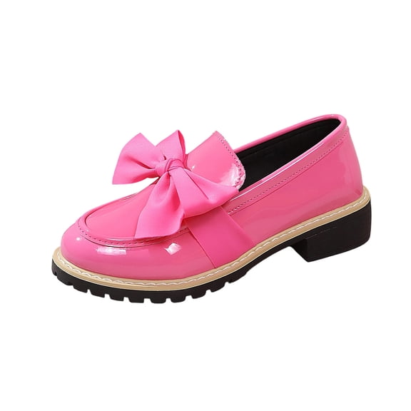 Pink Women's Solid Color Glossy Leather Loafers Bow Detail Round Toe Low Heel Small Leather Casual Shoes Suitable for All Seasons Size 9.5