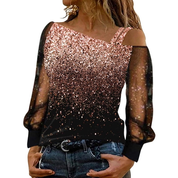 Pink Women'S Tops, Short Sleeve Oversized Tshirts for Women, Polyester Tops for Women Trendy, Sleeve Mesh Cold Tops Loose Shoulder Sequin T Shirt Casual Long Print Splice Women Blouse Women's
