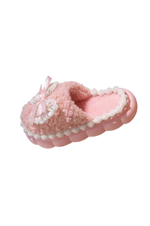 Pink Women'S Bow Knot Slippers Plush Warm Fuzzy Indoor Outdoor House Shoes Comfortable Cozy Non-Slip Casual Home Wear Flat Size 7