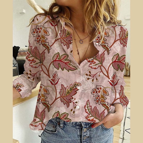 Pink Women Shirts, Flower Print Button Down Long Sleeve Shirt For Women Casual Floral V Neck Graphic Blouses Tops,Women Shirts L