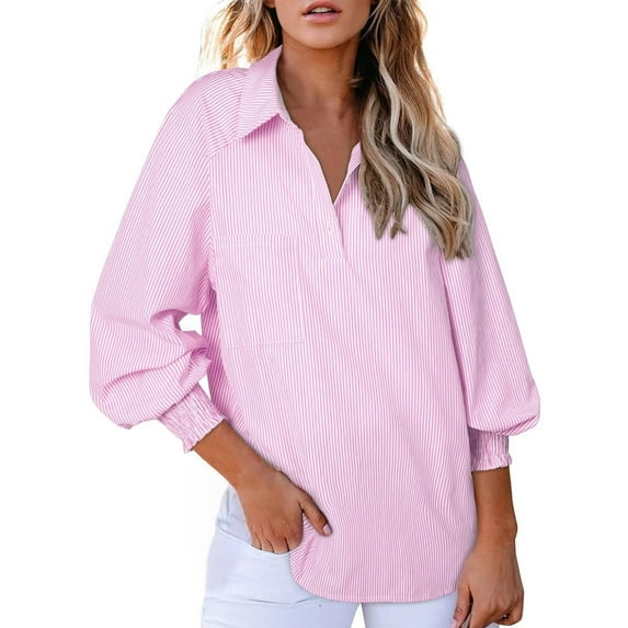 Pink Women Shirts, Women 2025 Striped Smocked Cuffed Shirts Long Sleeve Collared Blouse Tops With Pocket,Women Shirts L