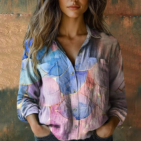 Pink Women Shirts, Women Cotton Shirt Printed Fashion Button Down Shirts Casual Tops Long Sleeve Blouse,Women Shirts 4XL