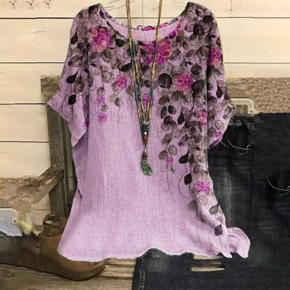 Pink Women Shirts, Women'S Casual Loose Leaf Butterfly Print Round Neck Top,Women Shirts XL