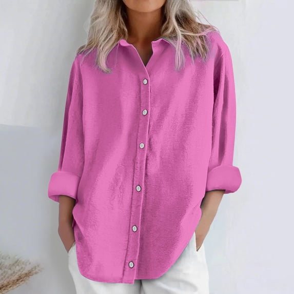 Pink Women Shirts, Womens Daily Casual Linen Shirts Long Sleeve Shirts Tops Casual Blouses Loose Fit Shirt,Women Shirts L