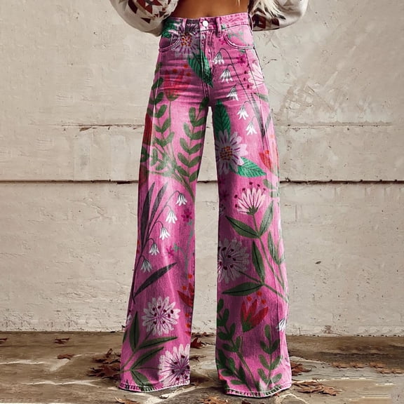 Pink Women's Casual Pants, 2025 New Summer Flower Wide Leg Pants Lightweight And Loose Casual Colorful Pants Imitation Jeans,Women's Casual Pants 5XL
