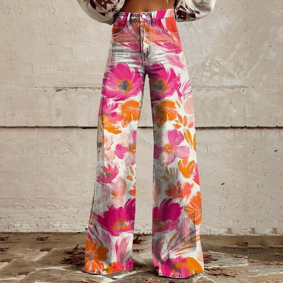 Pink Women's Casual Pants, Wide Leg Pants Woman High Waist Floral Patterned Pants Lightweight Loose Fit Casual Colorful Trouser Imitation Jeans,Women's Casual Pants 3XL