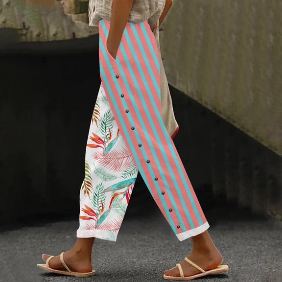 Pink Women's Casual Pants, Women'S Elastic Belt With Pocket Trousers Side Cropped Pants Loose Casual Pants Printed Straight Pants,Women's Casual Pants L
