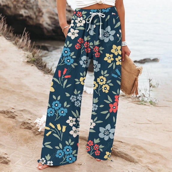 Pink Women's Casual Pants, Women'S Retro Printed Fashionable Drawstring Loose Pants High Waisted Casual Pants Wide Leg Pants,Women's Casual Pants M