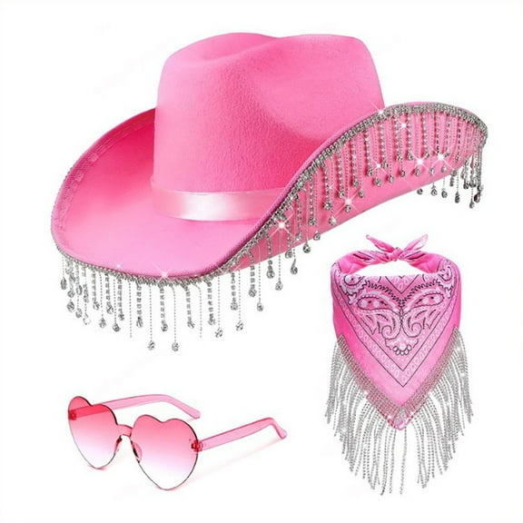Pink Women's Cowboy Hats, Women'S Hat Elegant And Light Tassel Cowboy Hat Heart Sunglasses Tassel Scarf Decoration Three Piece Set,Women's Accessories Cowboy