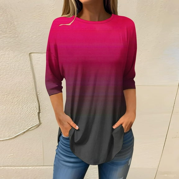 Pink Women's Long Sleeve T-shirt, 3/4 Length Sleeve Womens Tops 2025 Spring Neck Casual Print Tunic T Shirts Three Quarter Length Womens Tops,Women's Long sleeve T-shirt S